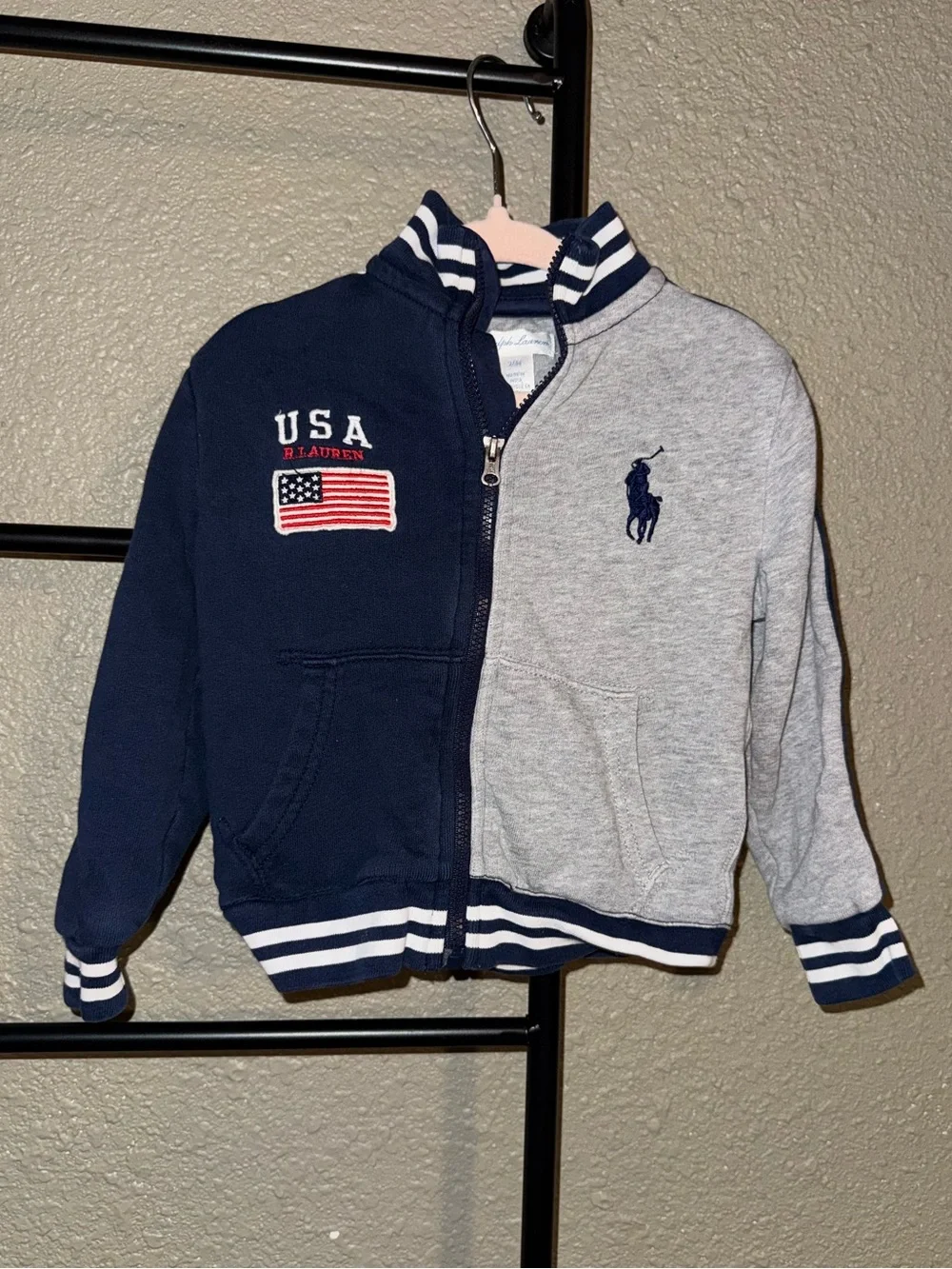 Ralph Lauren Kids USA Flag Zip Hoodie in Navy & Heather Gray
